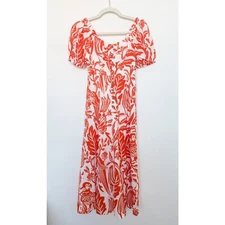 Unique Vintage Womens Dress Size XS Orange Tropical Puff Sleeve Cottage Resort