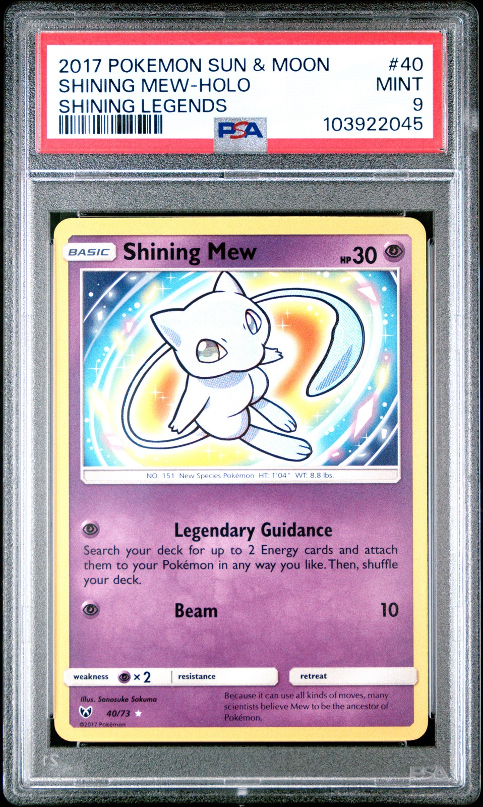 2017 POKEMON SUN & MOON SHINING LEGENDS #40 SHINING MEW-HOLO PSA 9