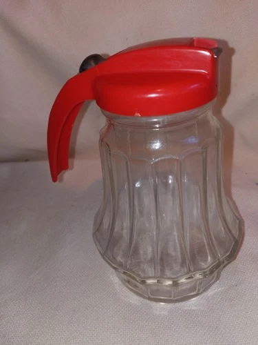 Vintage MCM 5.5” Federal Tool Corp  Glass Syrup/Sugar Dispenser Red Handle