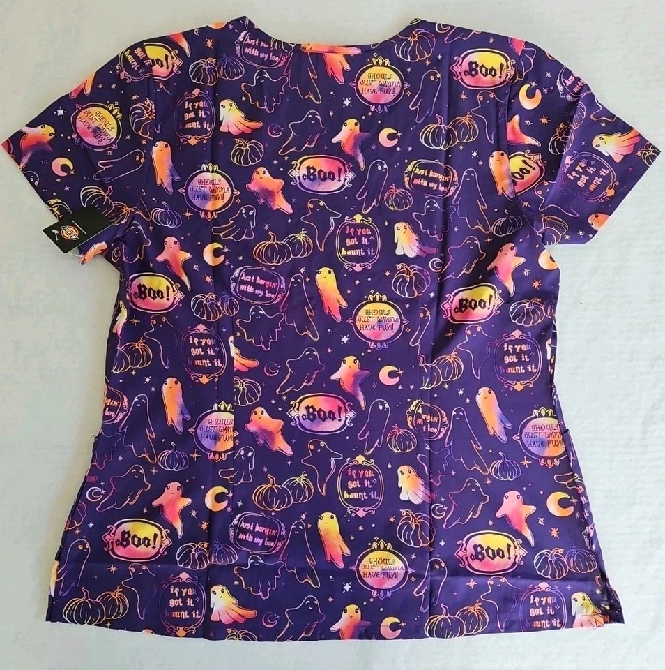 Dickies Hanging With My Boo Scrubs Halloween V Neck Top Medical Women's Med New - Image 2 of 4