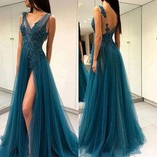 Tulle V-neck Prom Dresses Backless High Slit Sleeveless Appliques Sequins Gowns