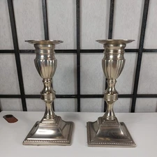 Pair Silver Tone Metal Taper Candle Holders with Square Bases 6" Tall 
