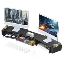 Dual Monitor Stand Riser, Desk Organizer With Drawer and 2 Pen Holders, Black