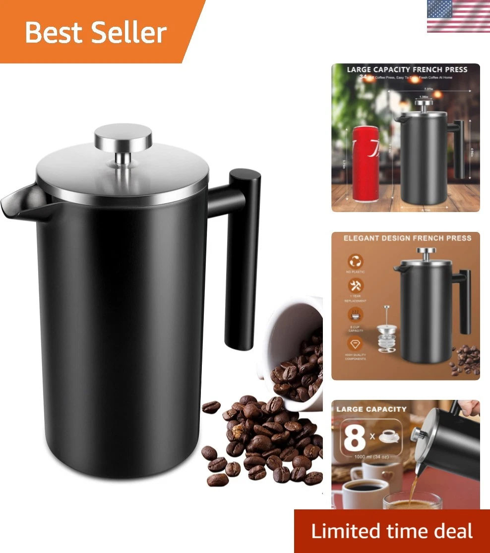34 OZ Large French Press, Stainless Steel Sturdy Insulated French Press Coff...