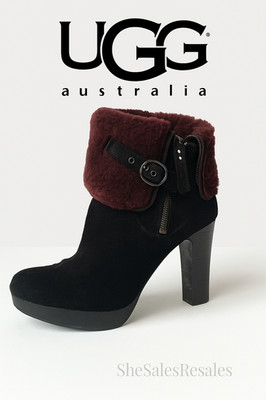 UGG Australia Scarlett Black Suede Shearling Cuff Ankle Boots Women s US 6 | Bur