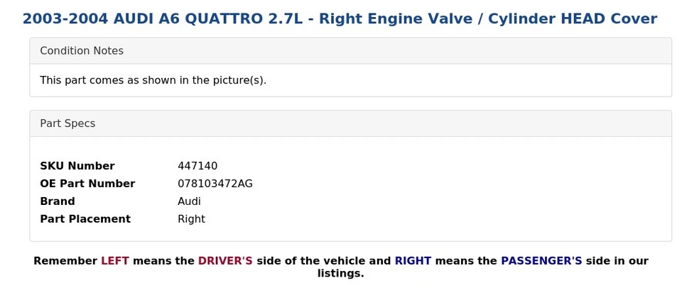 2003-2004 AUDI A6 QUATTRO 2.7L - Right Engine Valve / Cylinder HEAD Cover - Image 4 of 4