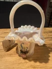 Vtg Fenton Basket Pink Iridescent Ruffled Edge Applied Flowers Hand Painted