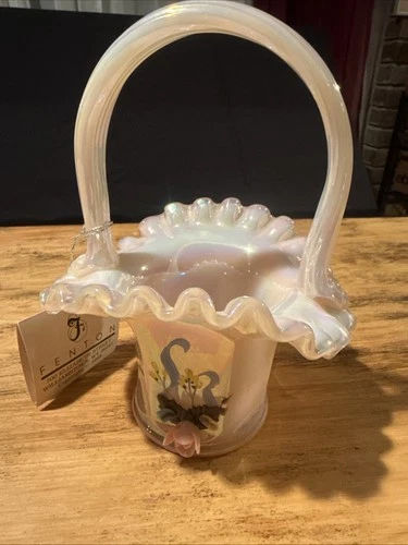 Vtg Fenton Basket Pink Iridescent Ruffled Edge Applied Flowers Hand Painted