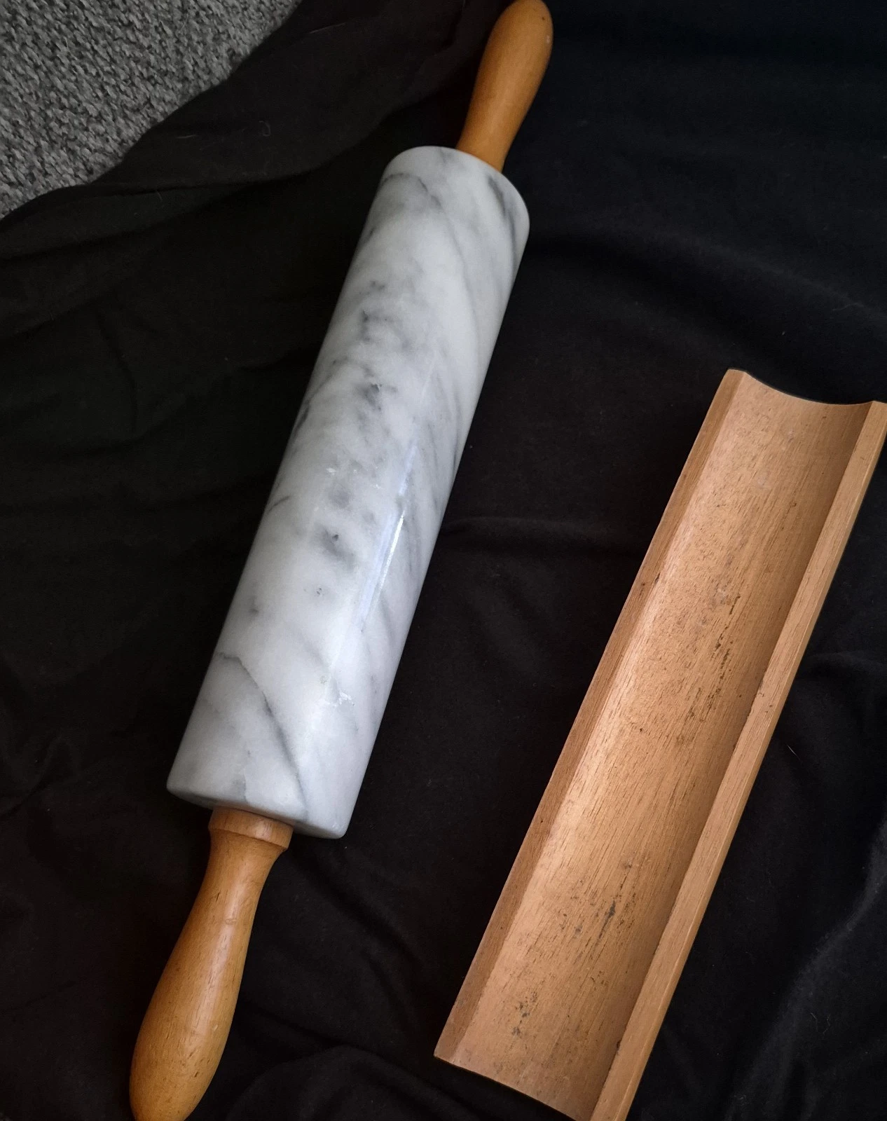 Vintage Solid Marble Rolling Pin with Stand Gray and White