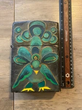 LARGE OVERSIZED TABLE TOP CIGARETTE LIGHTER HAND PAINTED GREEN BIRD FOLK ART VTG