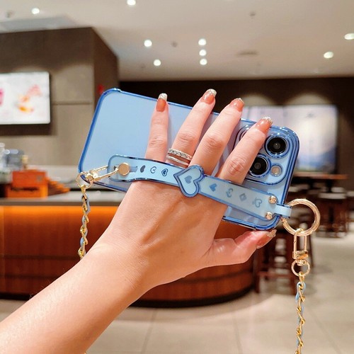 For iPhone 15 14 13 12 11 Pro Max Plating Lanyard Wrist Strap Heart Case Cover - Picture 4 of 25