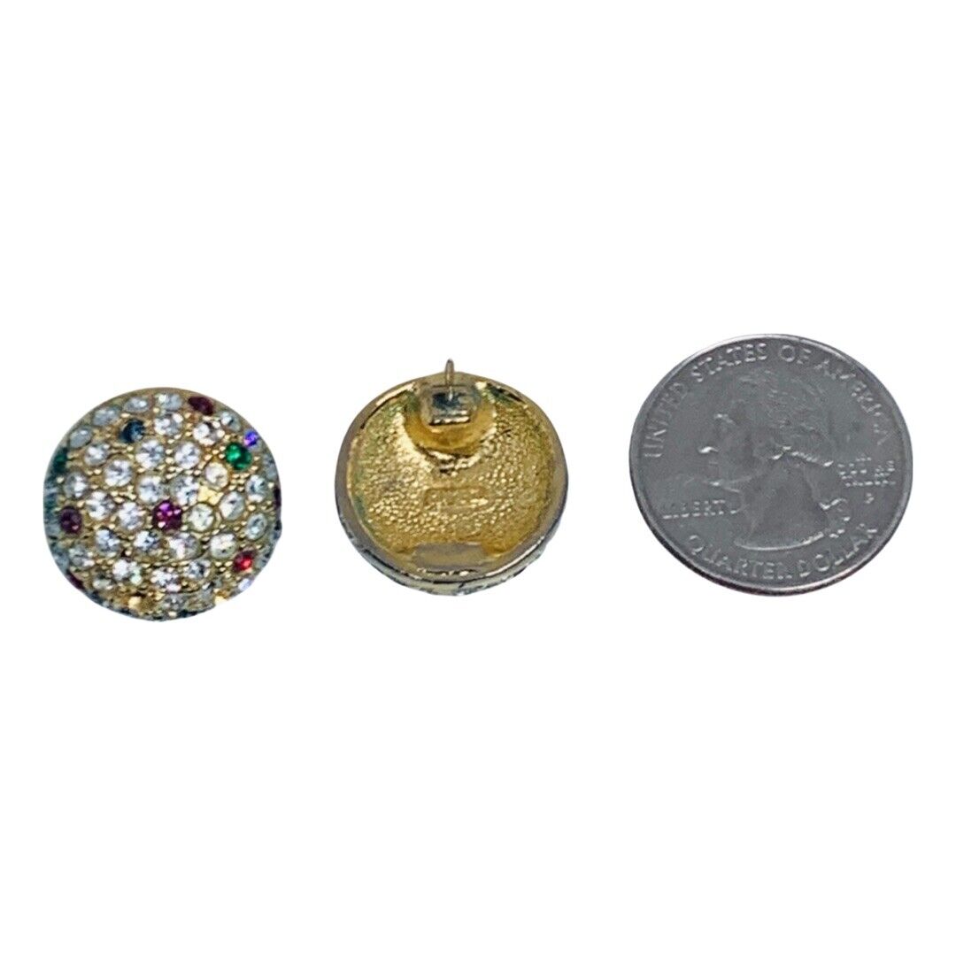VTG ROMAN Gold Icy Rhinestone Large Button Earrin… - image 6