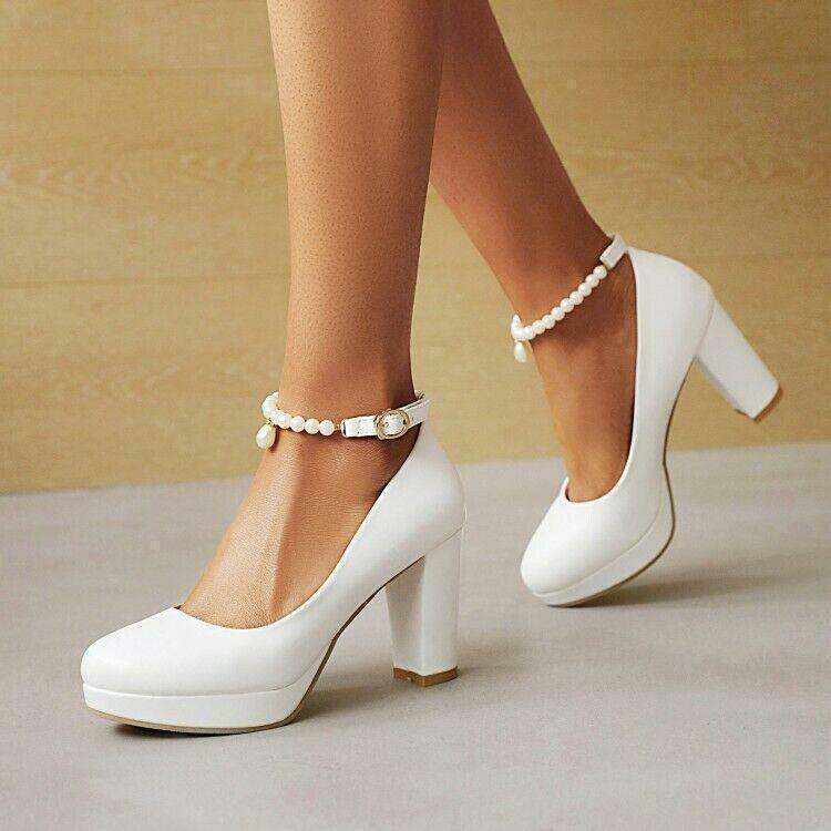 Women's Ladies Round Toe Faux Leather Block Heels Ankle Strap