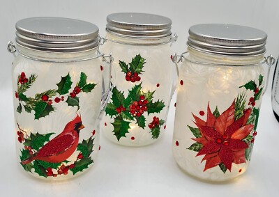 Mason Jar Light Up Poinsettia Holly Cardinal 5.5  Glass Christmas Tabletop Decor