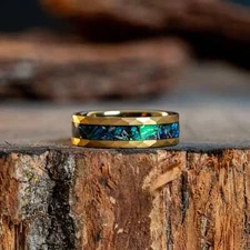 Womens Green Opal Meteorite Band Gold Hammered Tungsten Wedding  Ring 6mm