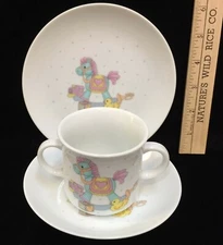 3 Piece Porcelain Children's Set  Plate Bowl Two Handled Cup Pastel Toys Image