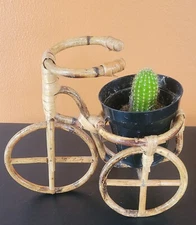 Vintage Bamboo Bike Tricycle Planter Wicker Rattan Plant Flower Basket Boho Chic