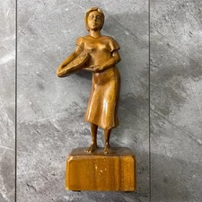 Vintage Carved Wooden Woman Figurine Holding Basket Rustic Home Decor Wheat