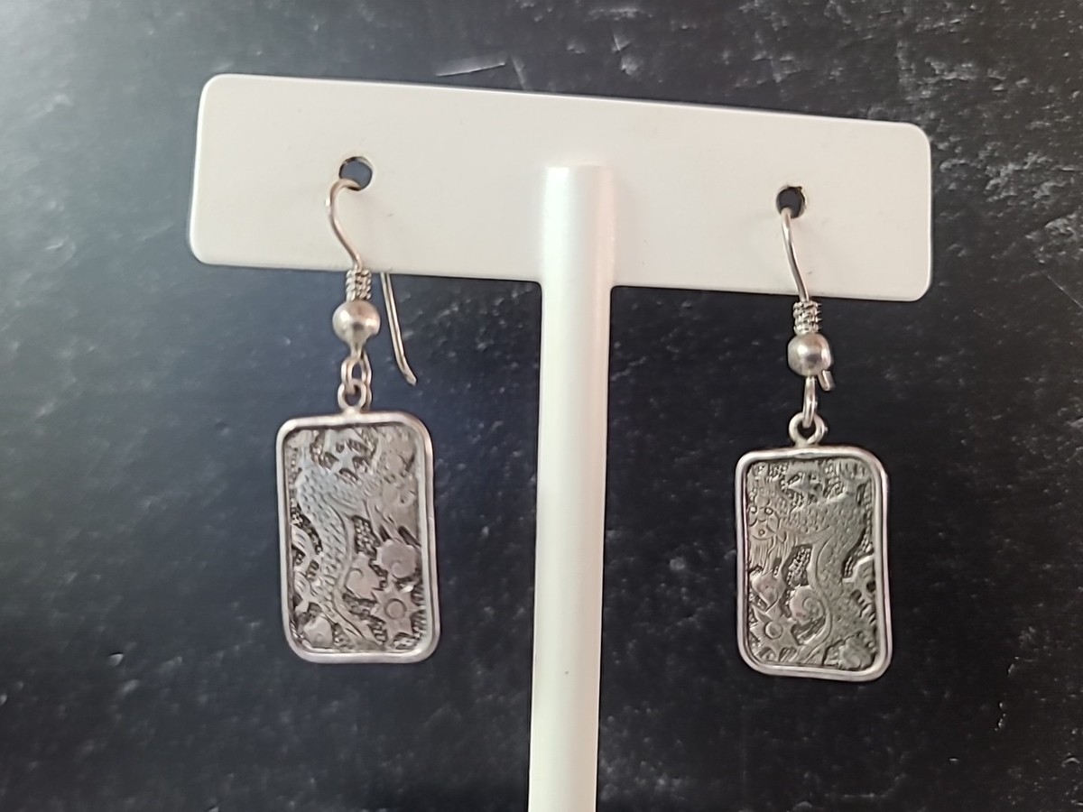 925 Sterling Silver Dragon Themed Rectangular Shaped Dangling Pierced Earrings View 3