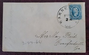 RAS CSA#12 Civil War Confederate GA Cover,Mary Reid Niece Of VP Alex H Stephens 