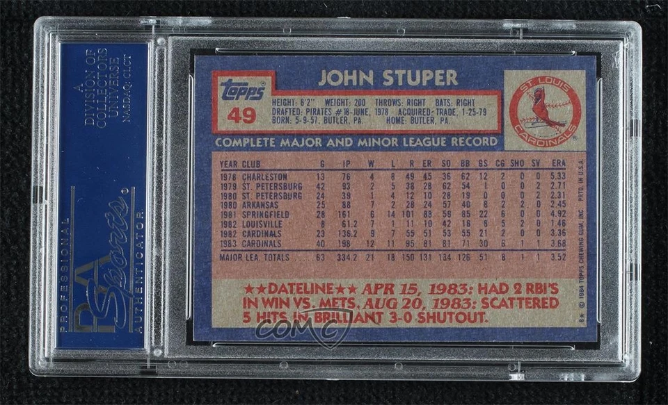1984 Topps John Stuper #49 PSA 10 GEM MT - Image 2 of 2