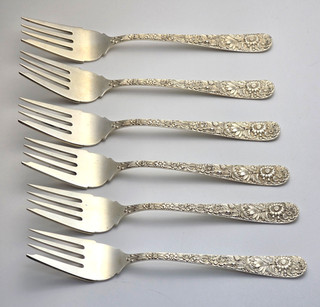 (6) S. Kirk & Son REPOUSSE Sterling Silver Salad Forks 6 1/4" 190g