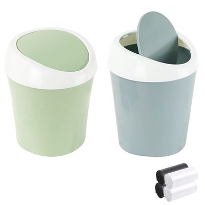 2 Small Swing-Lid Trash Cans with 120 Bags, Desktop Waste Bin Set, Blue + Green
