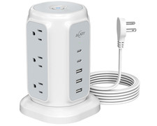 Flat Plug Power Strip Tower with 9 Outlets and 5 USB Ports 2 USB C , 1200J S...