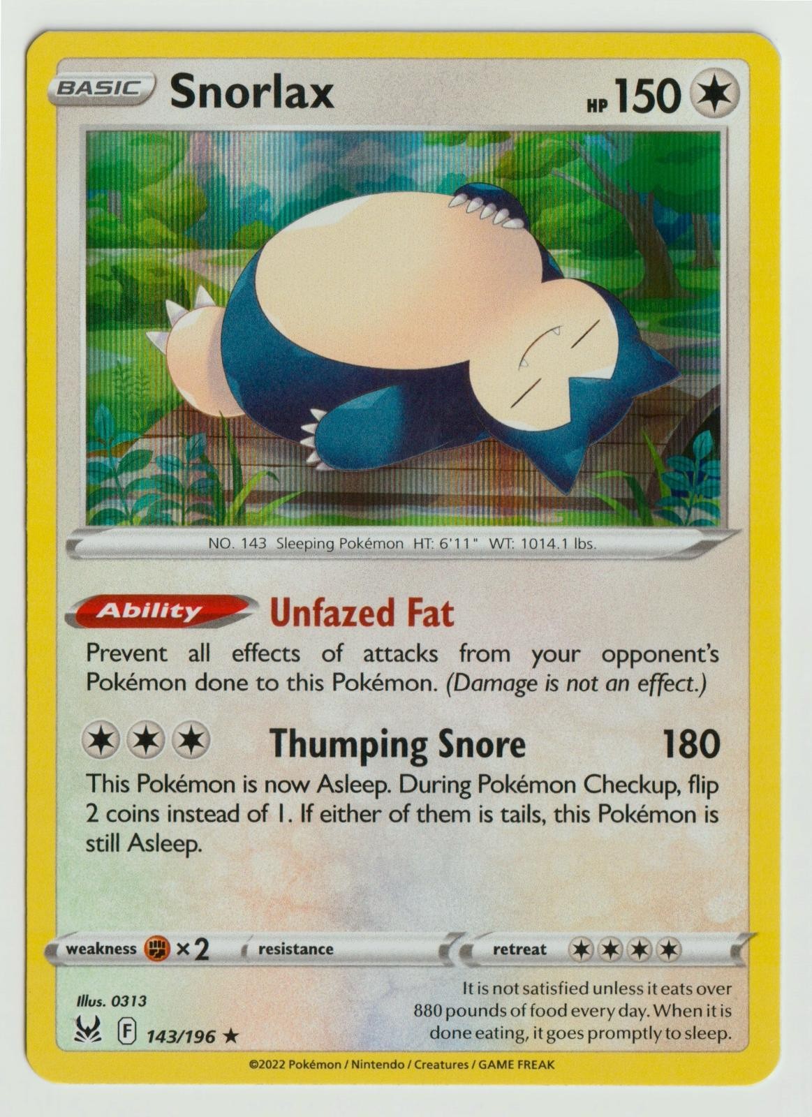Snorlax 143/196 Holo Rare Lost Origin Pokemon Near Mint