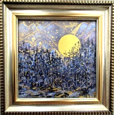 Original Oil Painting Gold Magic Winter Forest Abstract Painting 4x4in framed