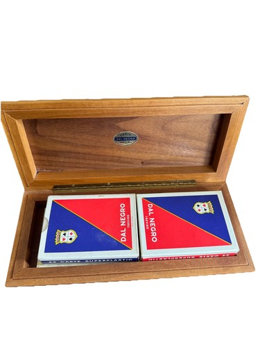 Vintage wooden case for three decks of Dal Negro Treviso playing cards.