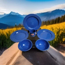 Coleman Enamelware Iconic Blue White Speckle Plates Bowls Cup Set of 6  Gorpcore