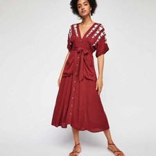FREE PEOPLE Boho Burgundy Floral Embroidered Gauzy Button-Up Midi Dress XS