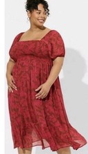 TORRID Tea Length Smocked Bodice A-Line Midi Dress SZ 2X Red & Brown Leaves 