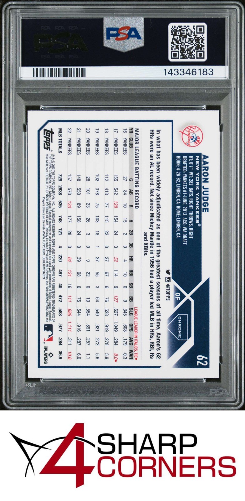 2023 TOPPS CHROME #62 AARON JUDGE PSA 10 view 2