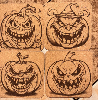 Scary jack-o -lanterns, Cork Coasters. Laser engraved, 4   Square .