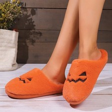 Halloween Cut Pumpkin Slippers Warm Plush Cozy Indoor Bedroom House Shoes
