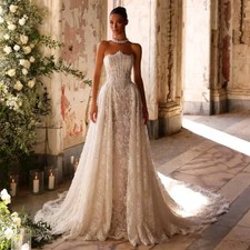 Shiny Tulle A-line Wedding Dresses Full Lace Applique with Detachable Train