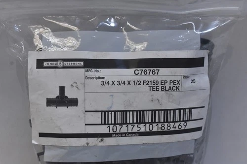 Jones Stephens C76767 EP Pex Tees Black 25 Pack 3/4" x 3/4' x 1/2" F2159 - Picture 2 of 4