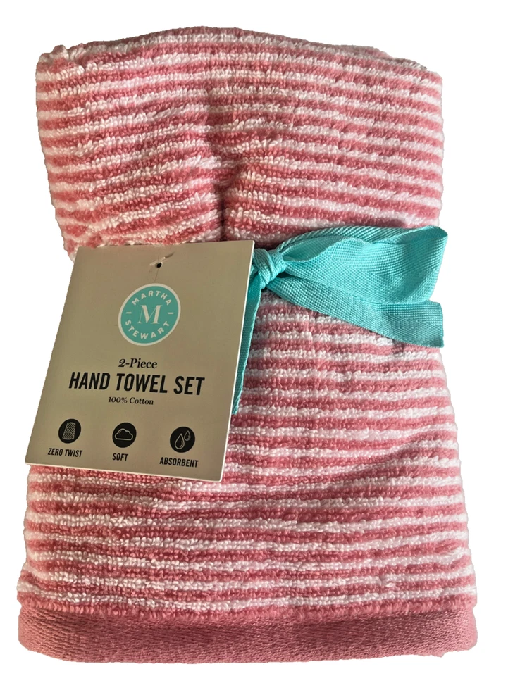 Martha Stewart 手巾 2 件套粉色白色条纹机洗 100% 棉 — 第 3/4 张图片