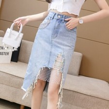 Women Denim Skirt Irregular Asymmetric Tassel Fishnet Splice Ripped Slim