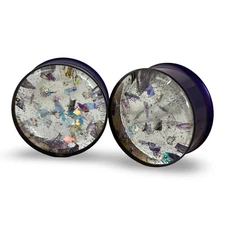 Pair of Purple Steel Resin Plugs with Embedded Holographic Flakes gauges