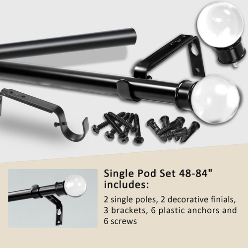 1" Crystal Ball Adjustable Single Drapery Curtain Rod, 28"-48"/48"-84"/84"-120" - Picture 13 of 51