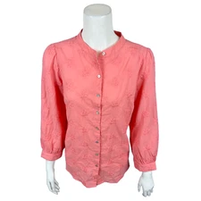 Susan Graver Embroidered Cotton Button-Front Shirt w/ Blouson Sleeves Small Size