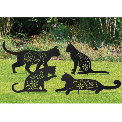 4er Set Schwarze Katze Blumenmuster Ausschnitt Metall Schatten Silhouette Garten Pfähle