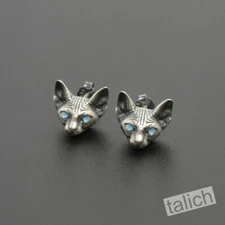 925 Sterling Silver Hairless Sphynx Cat Blue Eyes Small Stud Earrings Unique