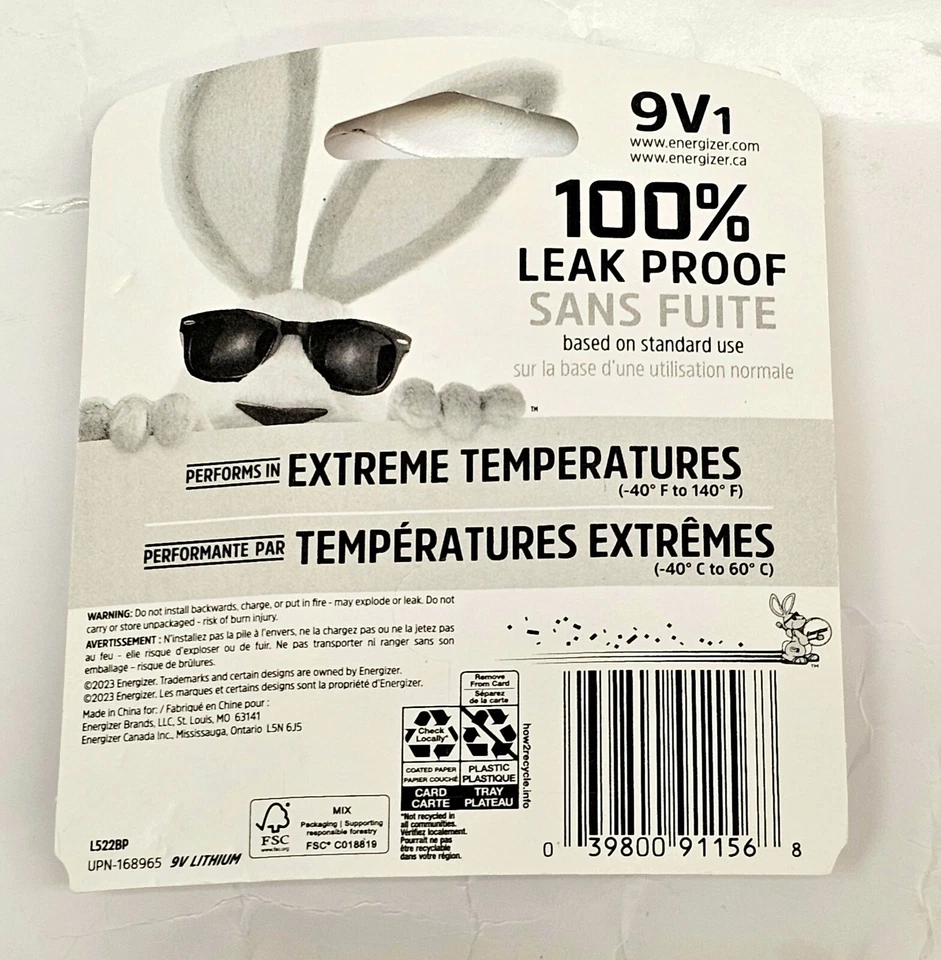 Energizer Ultimate Lithium 9V  L522, 10 years life , 1 Pack,  EXP 12- 2035 NEW - Image 2 of 3