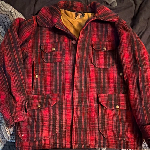 Woolrich Vintage Red Black Plaid Wool Jacket 44/44in Lined Button Pockets 70s - product listing photo