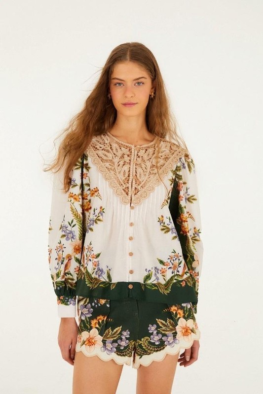 NW AUTH FARM RIO Sand Nature Lace Long Sleeve Blouse Top Shirt Sz EXTRA SMALL XS