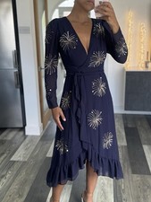 Monsoon Navy Sequin Fireworks Wrap Midi Dress Long Sleeve V Neck Uk 8